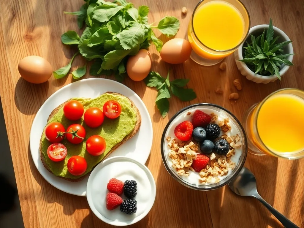 Wegetariańskie śniadanie: tost z awokado, jogurt z granolą i owocami oraz sok pomarańczowy na jasnym, przytulnym stole